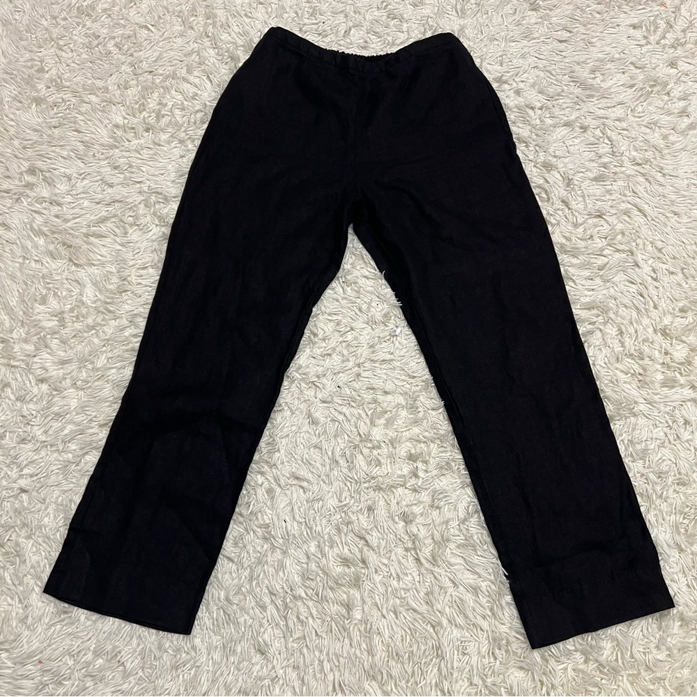 Kim Rogers Women Sz L Black 100% Linen Straight Leg Pants Pockets Stretch Waist